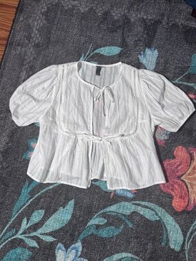 wild fable White Striped Tie-Front Peasant Blouse
